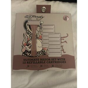 Ed Hardy Ultimate Razor Set 12 Refillable Cartridges Glides Easily on Skin See